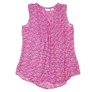 Liz Claiborne Blouse Top Sz S Pink Curved Hem Patterned Silver Button Up Front